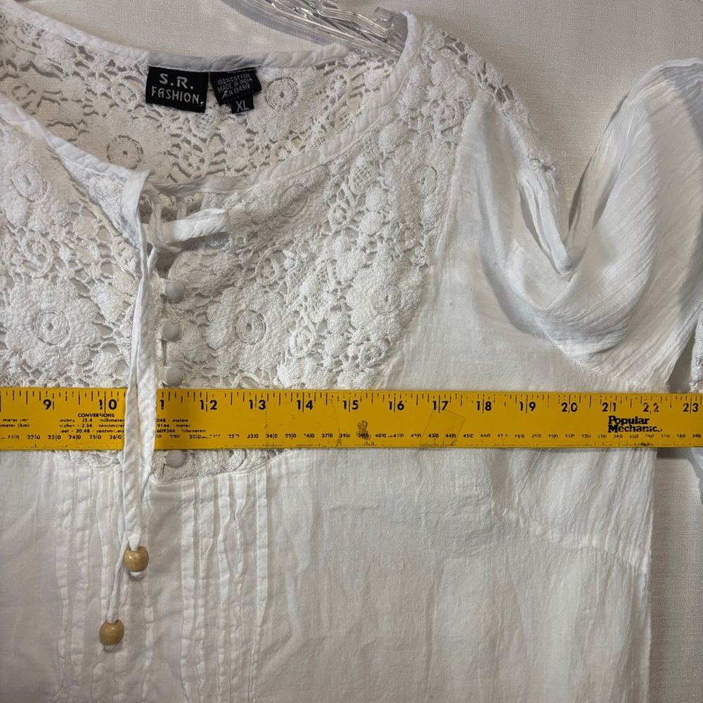 S.R. Fashion Crochet lace white top 3/4 sleeves 100% cotton crinkle fabric beach - Picture 7 of 12